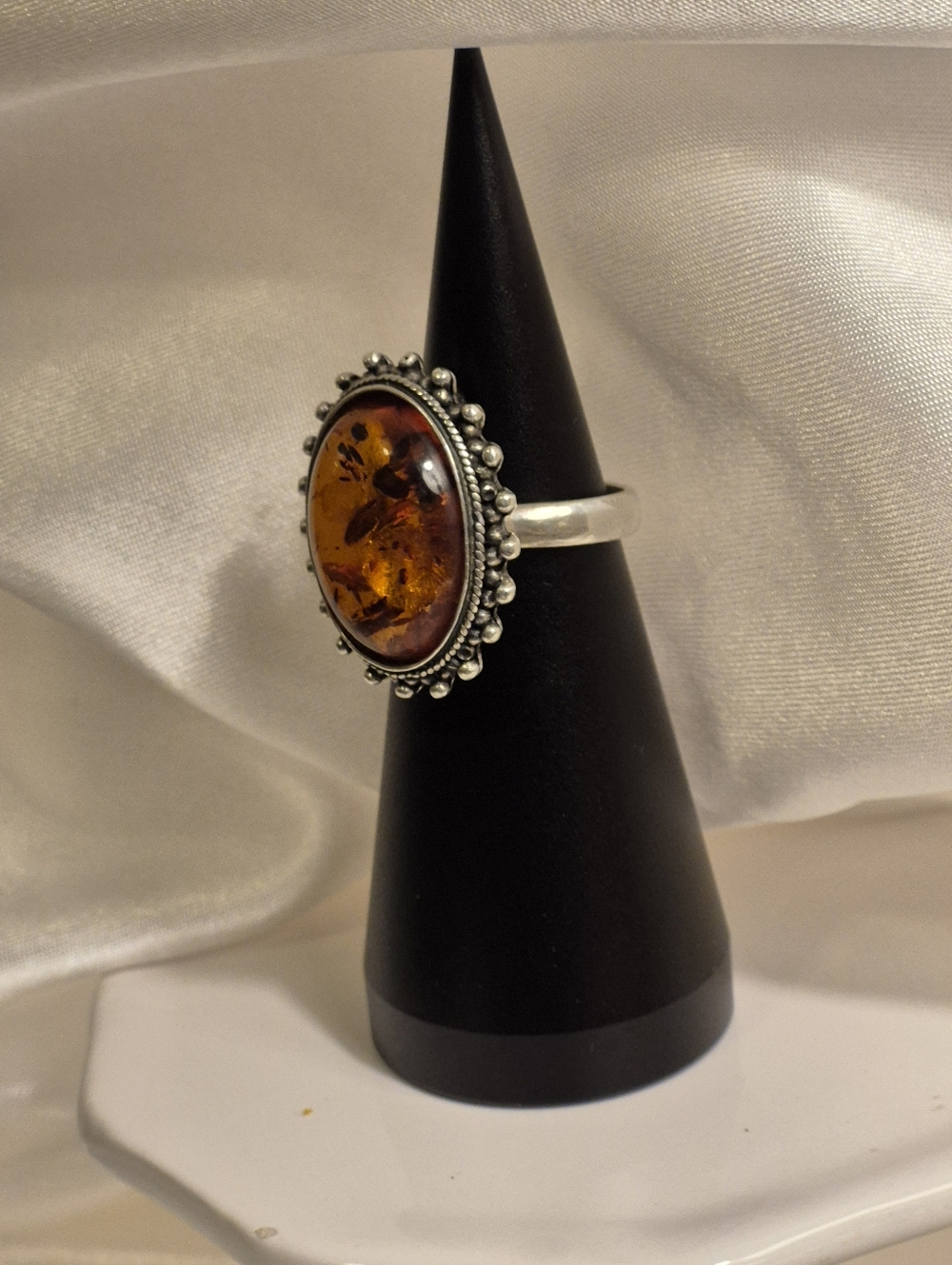 BEAUTIFUL Baltic Amber Sterling Silver Oval Flower Statement Ring Size 7